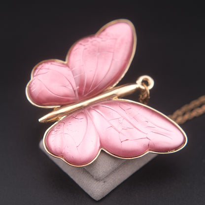 Vintage Pink Butterfly Pendant Necklace – Translucent Wings, Gold-Tone Setting, Statement 36” Chain