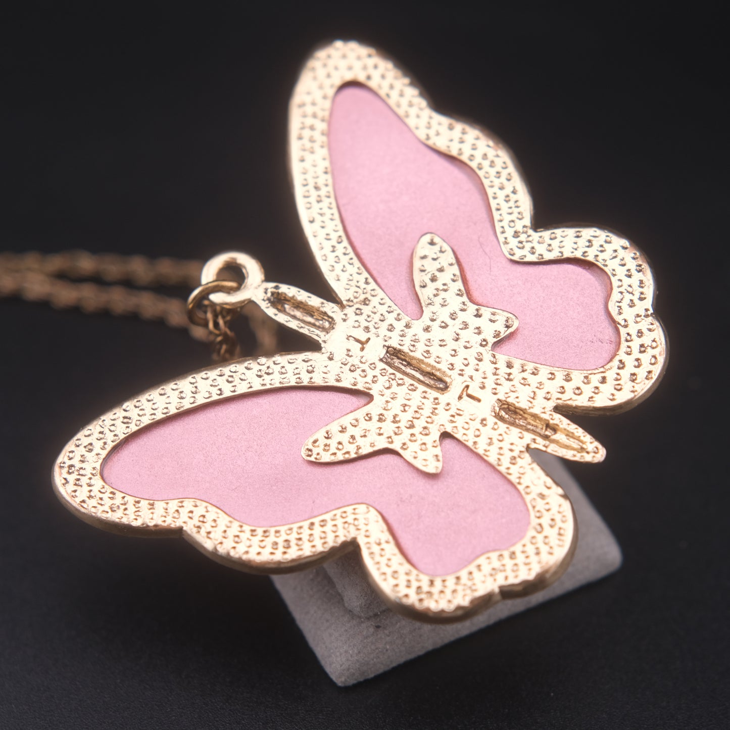 Vintage Pink Butterfly Pendant Necklace – Translucent Wings, Gold-Tone Setting, Statement 36” Chain