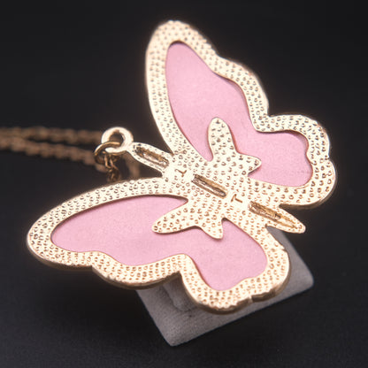 Vintage Pink Butterfly Pendant Necklace – Translucent Wings, Gold-Tone Setting, Statement 36” Chain
