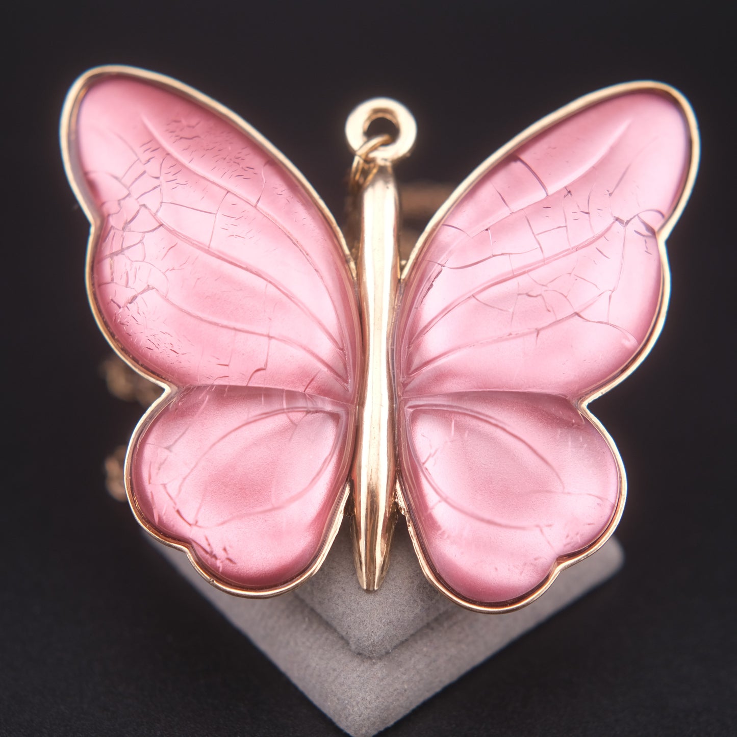 Vintage Pink Butterfly Pendant Necklace – Translucent Wings, Gold-Tone Setting, Statement 36” Chain