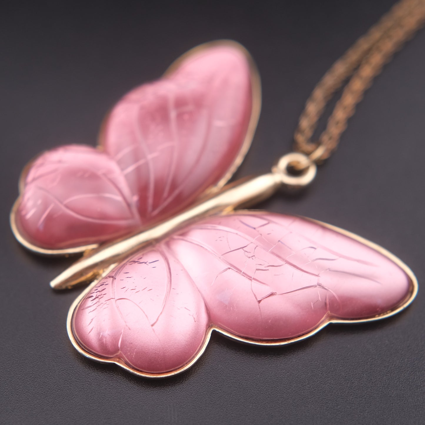 Vintage Pink Butterfly Pendant Necklace – Translucent Wings, Gold-Tone Setting, Statement 36” Chain