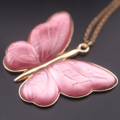 Vintage Pink Butterfly Pendant Necklace – Translucent Wings, Gold-Tone Setting, Statement 36” Chain