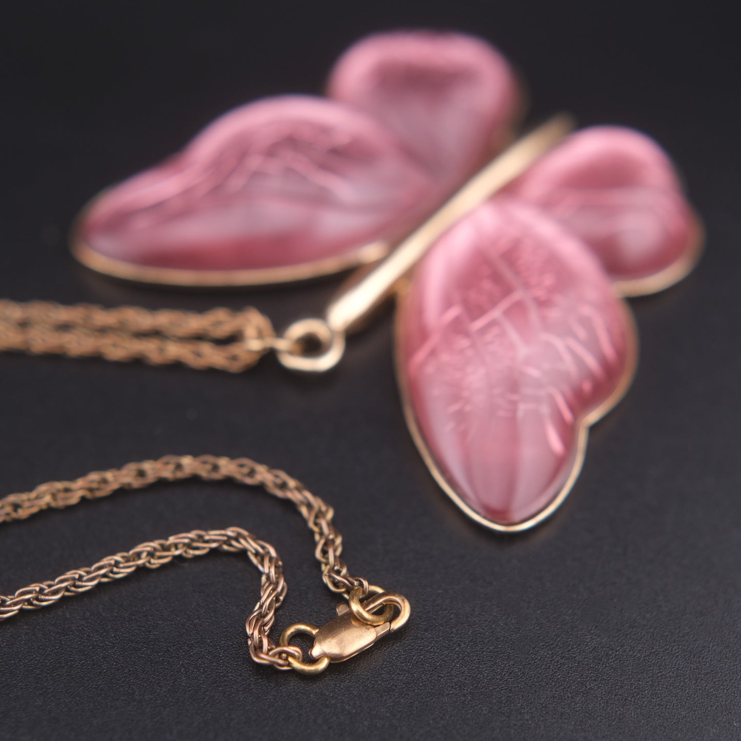 Vintage Pink Butterfly Pendant Necklace – Translucent Wings, Gold-Tone Setting, Statement 36” Chain