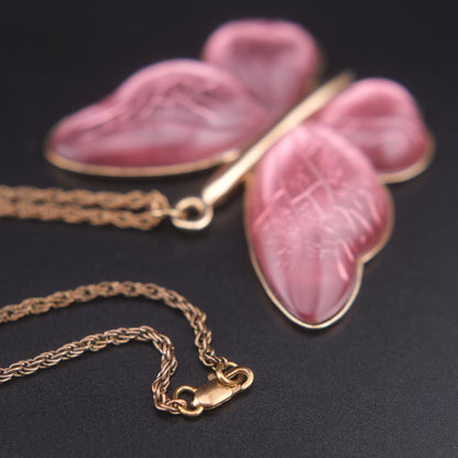 Vintage Pink Butterfly Pendant Necklace – Translucent Wings, Gold-Tone Setting, Statement 36” Chain