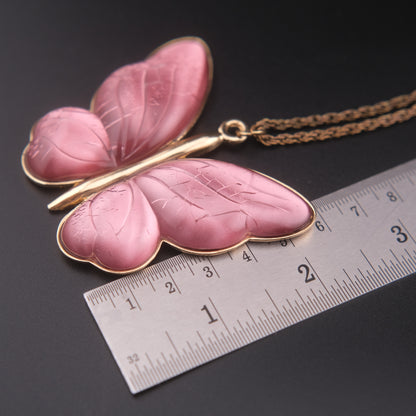 Vintage Pink Butterfly Pendant Necklace – Translucent Wings, Gold-Tone Setting, Statement 36” Chain