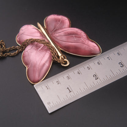 Vintage Pink Butterfly Pendant Necklace – Translucent Wings, Gold-Tone Setting, Statement 36” Chain