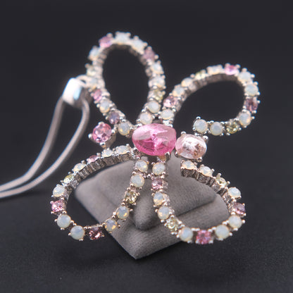 ❤️ Large Butterfly Rhinestone Pendant Necklace – Pink & Opalescent Crystals on Silver-Tone Snake Chain