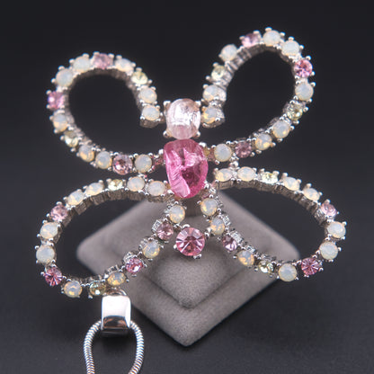 ❤️ Large Butterfly Rhinestone Pendant Necklace – Pink & Opalescent Crystals on Silver-Tone Snake Chain