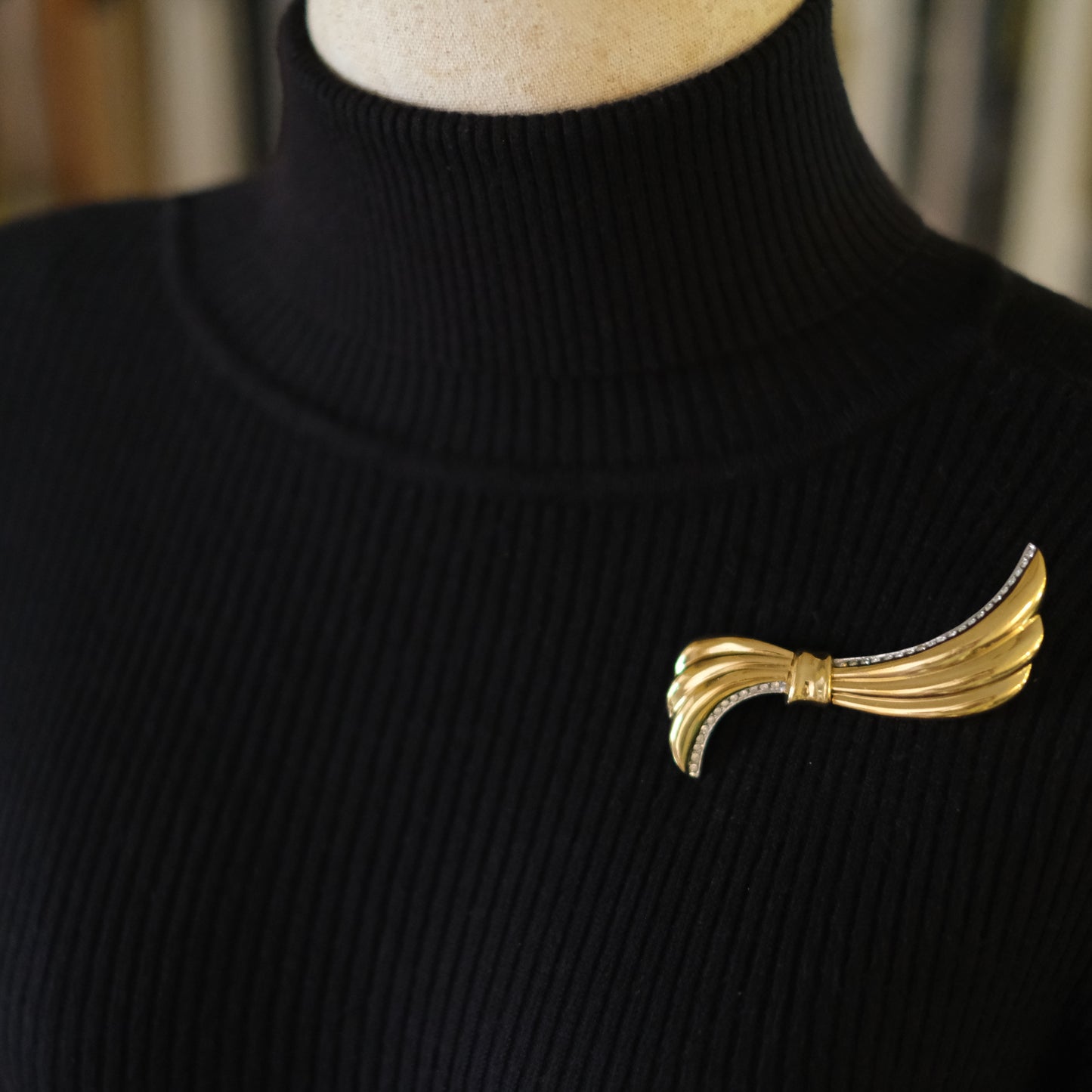 Vintage Yves Saint Laurent Gold-Tone Ribbon Brooch with Rhinestones – 3"