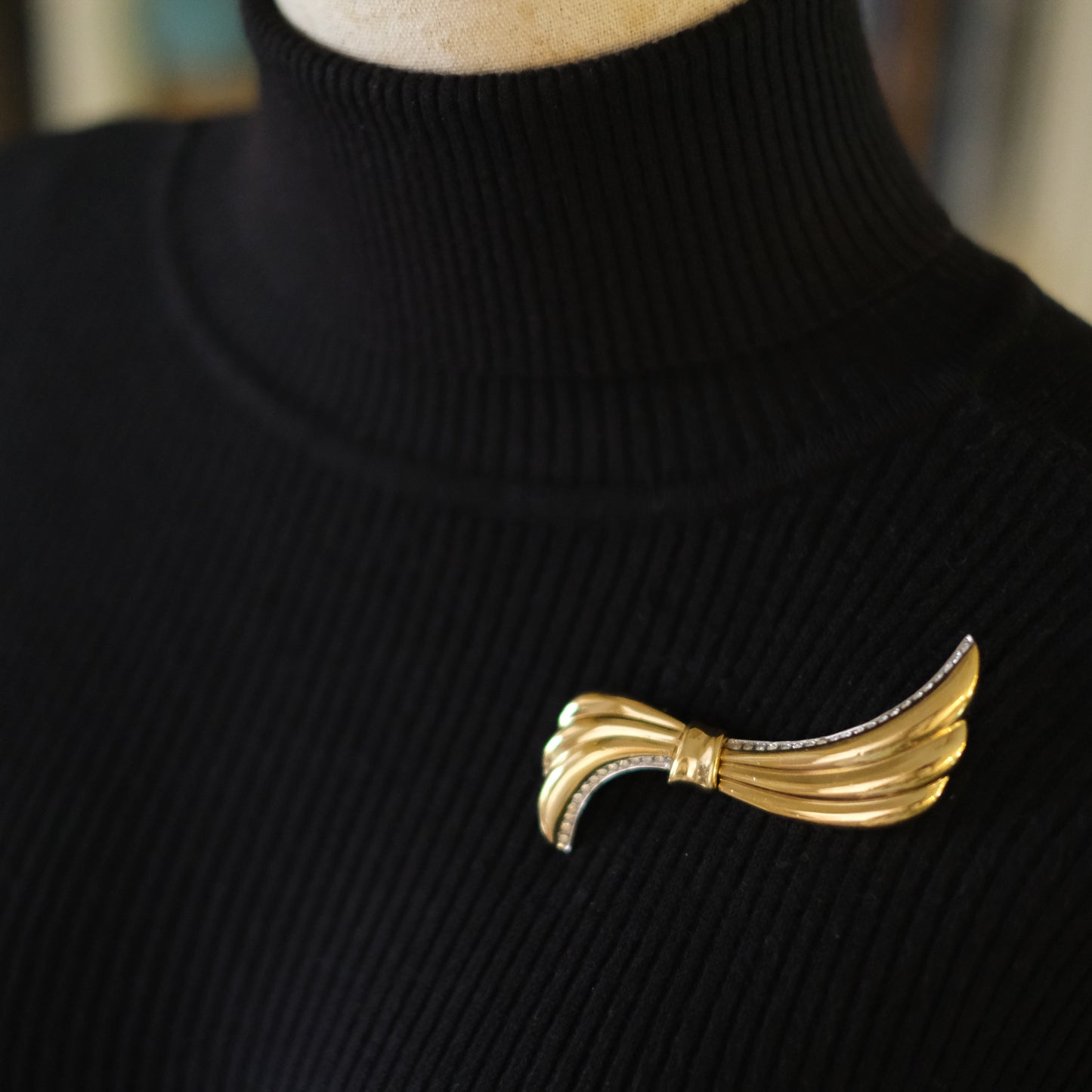 Vintage Yves Saint Laurent Gold-Tone Ribbon Brooch with Rhinestones – 3"