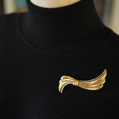 Vintage Yves Saint Laurent Gold-Tone Ribbon Brooch with Rhinestones – 3"