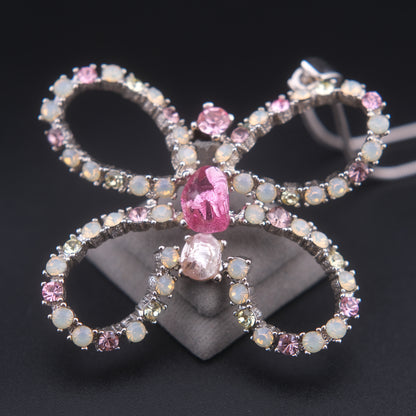 ❤️ Large Butterfly Rhinestone Pendant Necklace – Pink & Opalescent Crystals on Silver-Tone Snake Chain