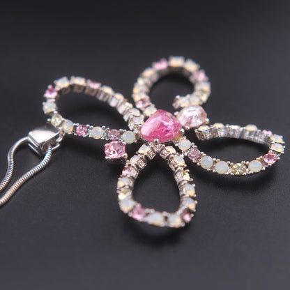❤️ Large Butterfly Rhinestone Pendant Necklace – Pink & Opalescent Crystals on Silver-Tone Snake Chain