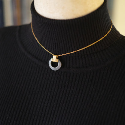 Vintage Lanvin Modernist Pendant Necklace, Gold & Matte Gunmetal Circle, 1980s Designer Jewelry