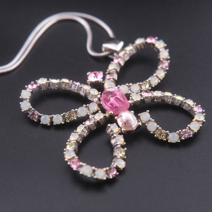 ❤️ Large Butterfly Rhinestone Pendant Necklace – Pink & Opalescent Crystals on Silver-Tone Snake Chain