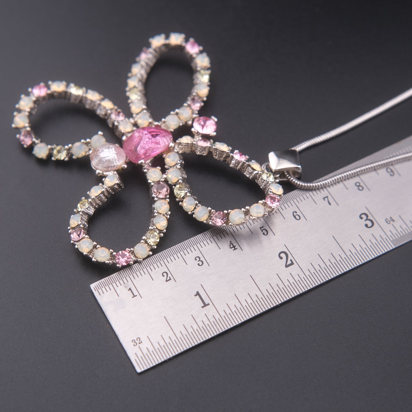 ❤️ Large Butterfly Rhinestone Pendant Necklace – Pink & Opalescent Crystals on Silver-Tone Snake Chain