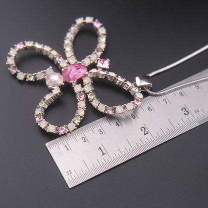 ❤️ Large Butterfly Rhinestone Pendant Necklace – Pink & Opalescent Crystals on Silver-Tone Snake Chain
