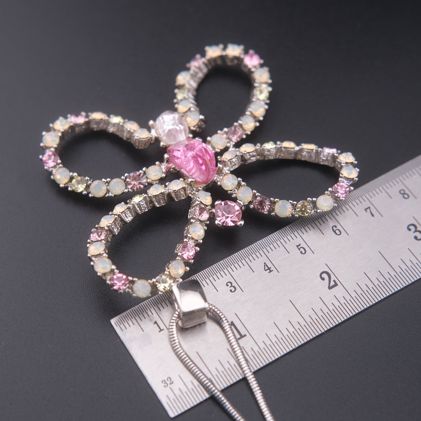 ❤️ Large Butterfly Rhinestone Pendant Necklace – Pink & Opalescent Crystals on Silver-Tone Snake Chain
