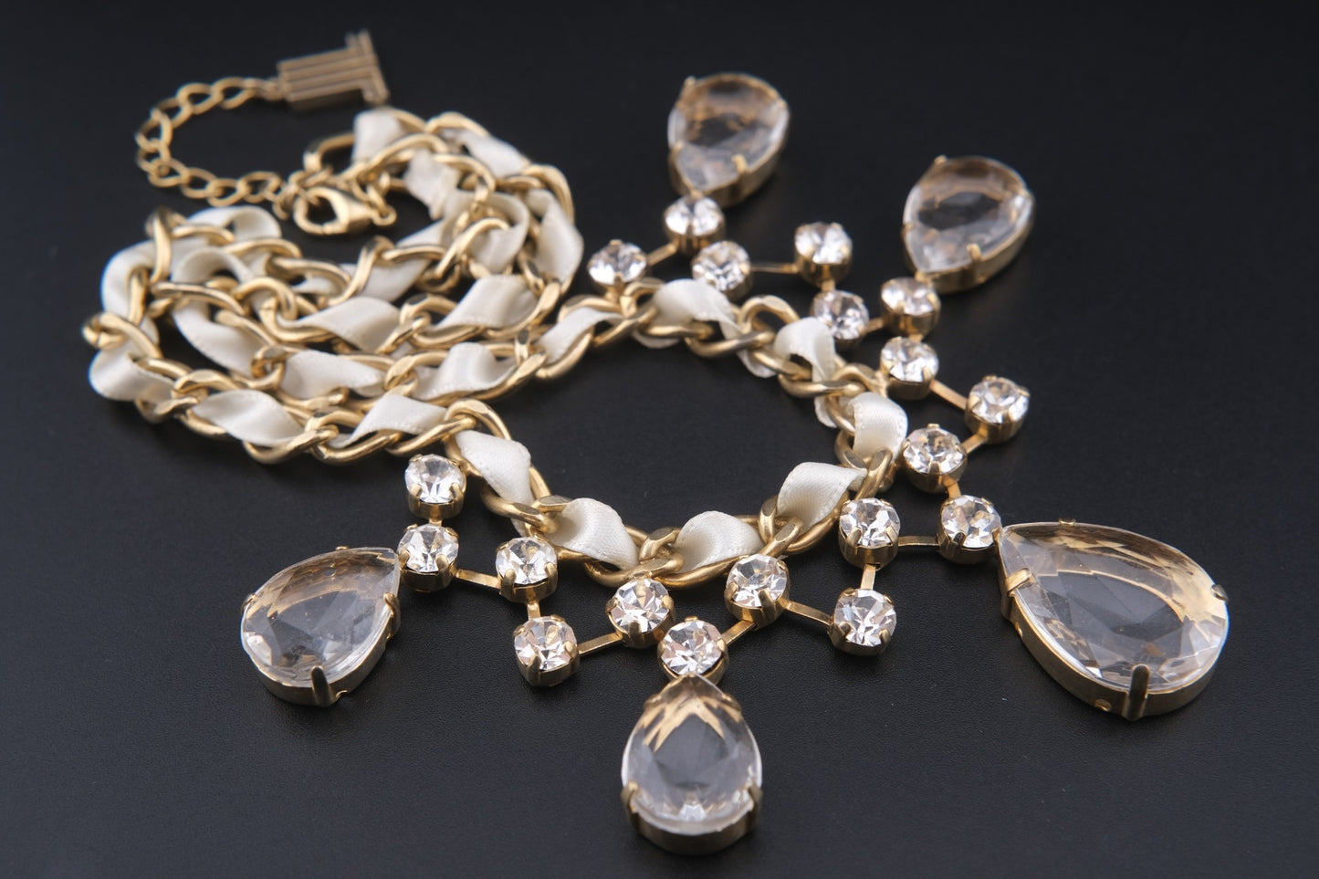 Vintage Lanvin Statement Necklace with Satin-Woven Chain and Crystal Drops