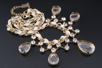 Vintage Lanvin Statement Necklace with Satin-Woven Chain and Crystal Drops