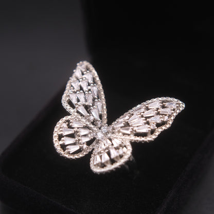 ❤️ Vintage Silver Tone Rhinestone Butterfly Statement Adjustable Ring