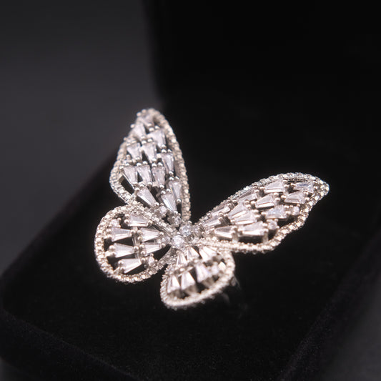 ❤️ Vintage Silver Tone Rhinestone Butterfly Statement Adjustable Ring