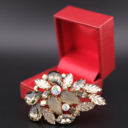 Vintage “Made in West Germany” Leaf & Rhinestone Brooch – Smoky Gray & Aurora Borealis Crystals