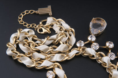 Vintage Lanvin Statement Necklace with Satin-Woven Chain and Crystal Drops