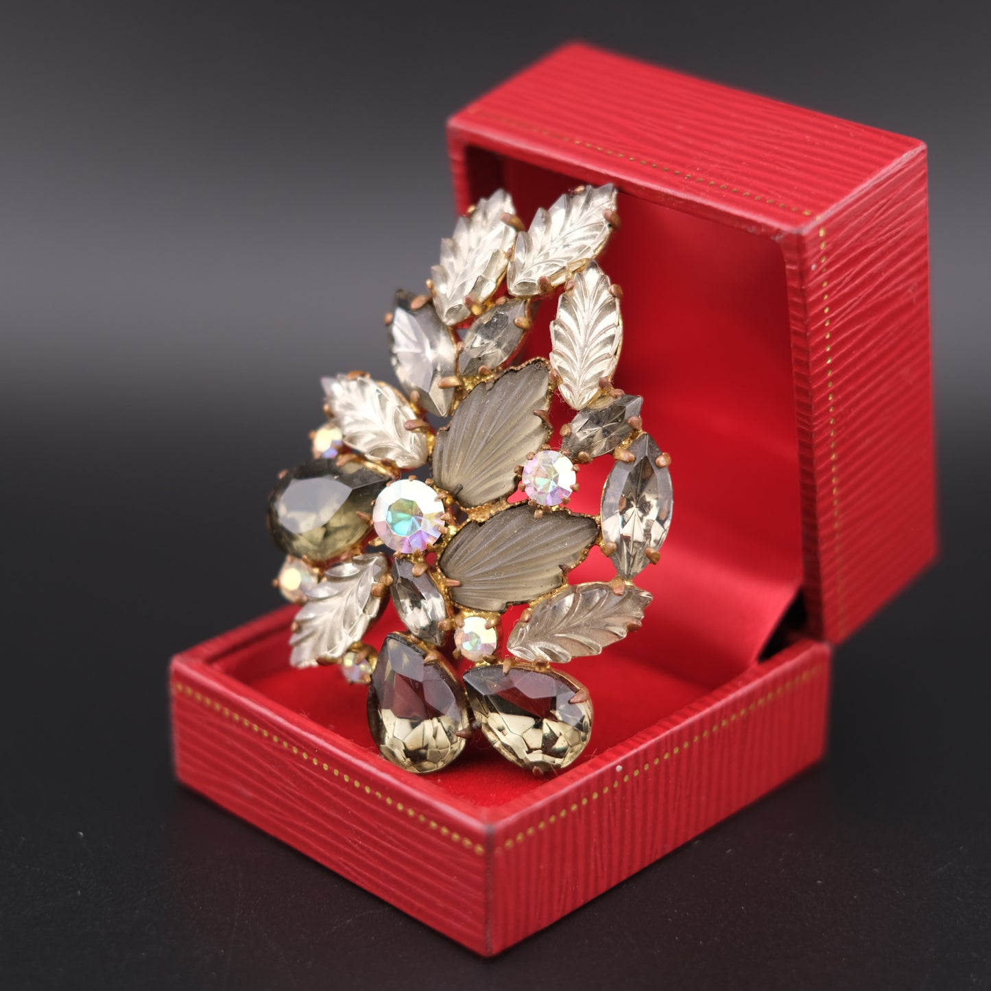 Vintage “Made in West Germany” Leaf & Rhinestone Brooch – Smoky Gray & Aurora Borealis Crystals