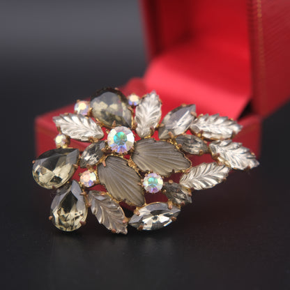 Vintage “Made in West Germany” Leaf & Rhinestone Brooch – Smoky Gray & Aurora Borealis Crystals