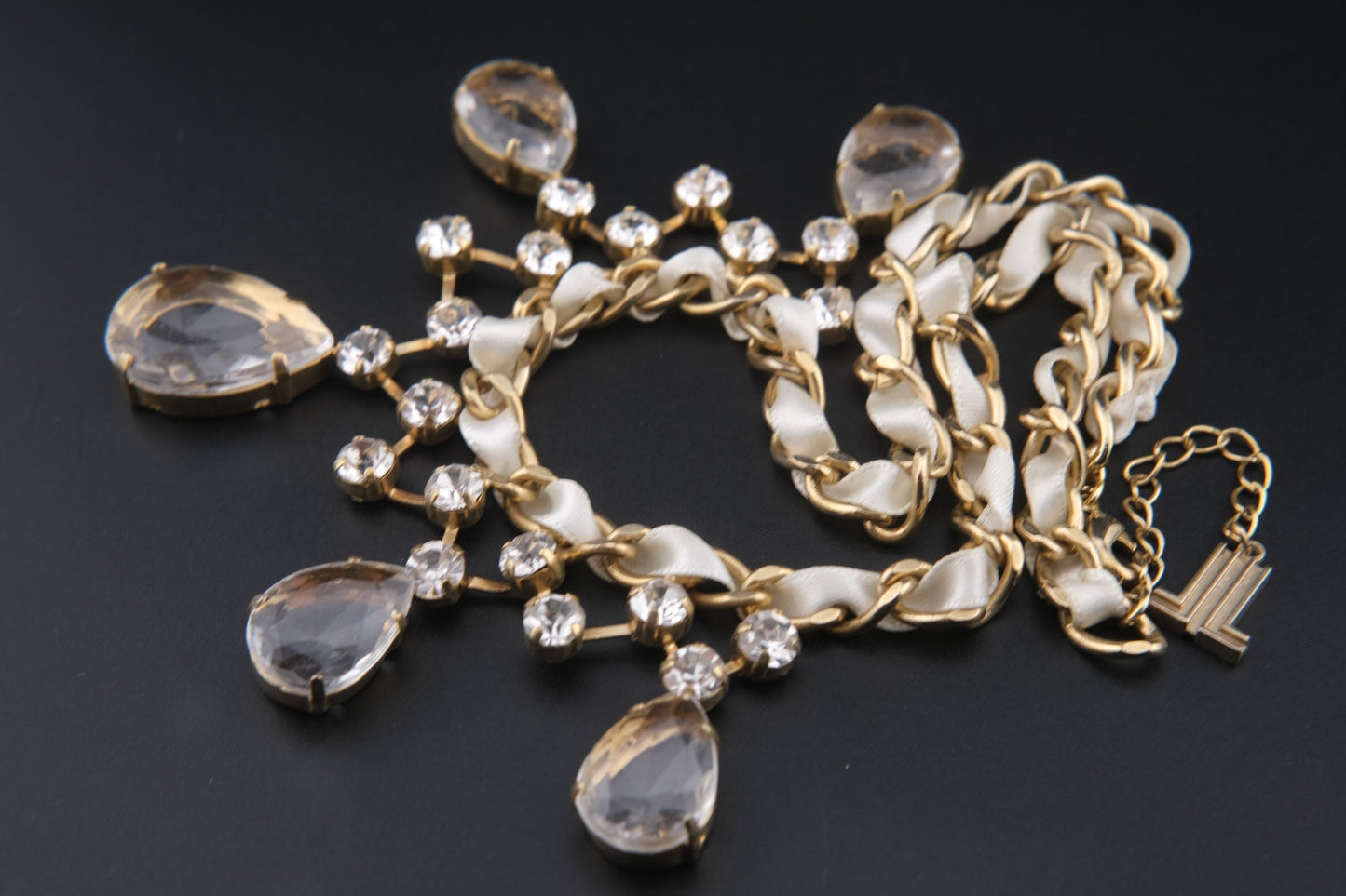 Vintage Lanvin Statement Necklace with Satin-Woven Chain and Crystal Drops