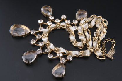 Vintage Lanvin Statement Necklace with Satin-Woven Chain and Crystal Drops