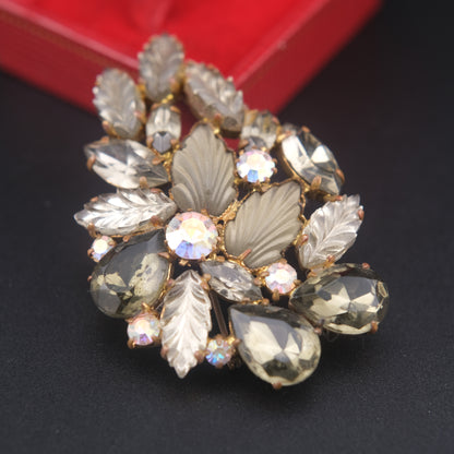 Vintage “Made in West Germany” Leaf & Rhinestone Brooch – Smoky Gray & Aurora Borealis Crystals