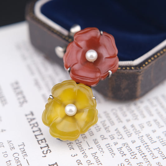 ❤️ Vintage 950 Silver Double Flower Brooch Resin Petals Pearl Center Floral Pin