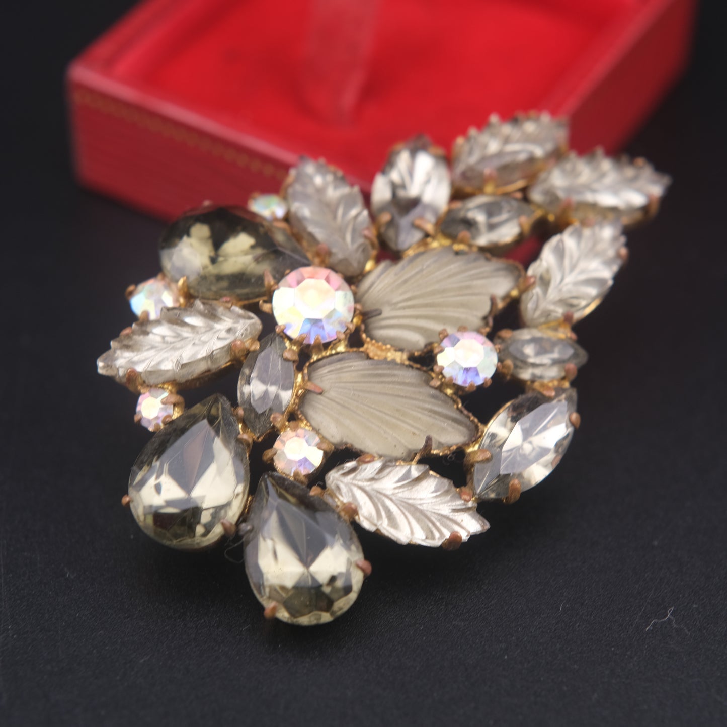 Vintage “Made in West Germany” Leaf & Rhinestone Brooch – Smoky Gray & Aurora Borealis Crystals