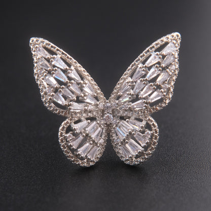 ❤️ Vintage Silver Tone Rhinestone Butterfly Statement Adjustable Ring