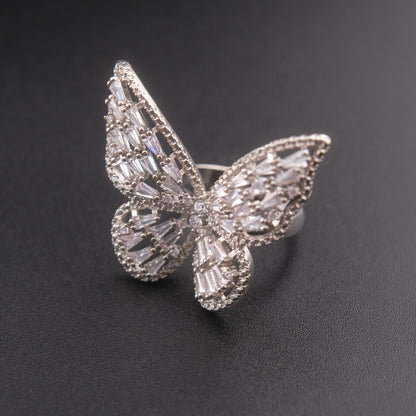 ❤️ Vintage Silver Tone Rhinestone Butterfly Statement Adjustable Ring