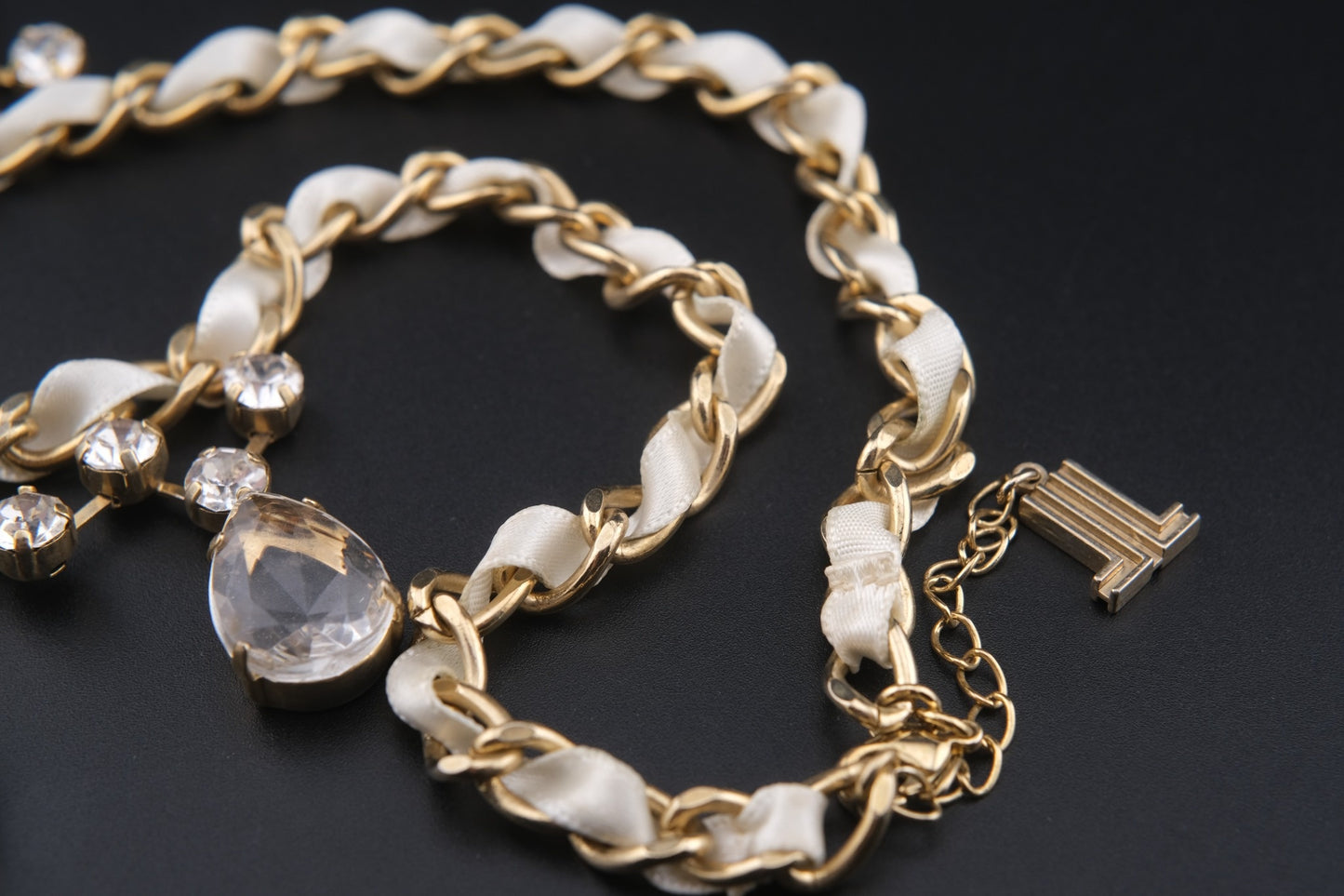 Vintage Lanvin Statement Necklace with Satin-Woven Chain and Crystal Drops