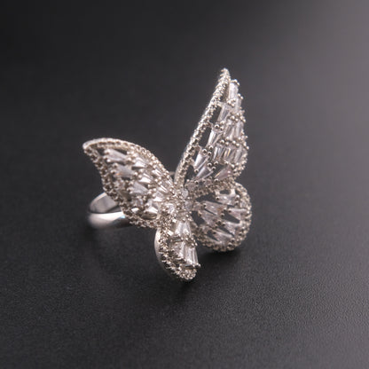 ❤️ Vintage Silver Tone Rhinestone Butterfly Statement Adjustable Ring