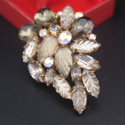 Vintage “Made in West Germany” Leaf & Rhinestone Brooch – Smoky Gray & Aurora Borealis Crystals