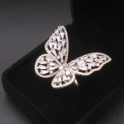❤️ Vintage Silver Tone Rhinestone Butterfly Statement Adjustable Ring
