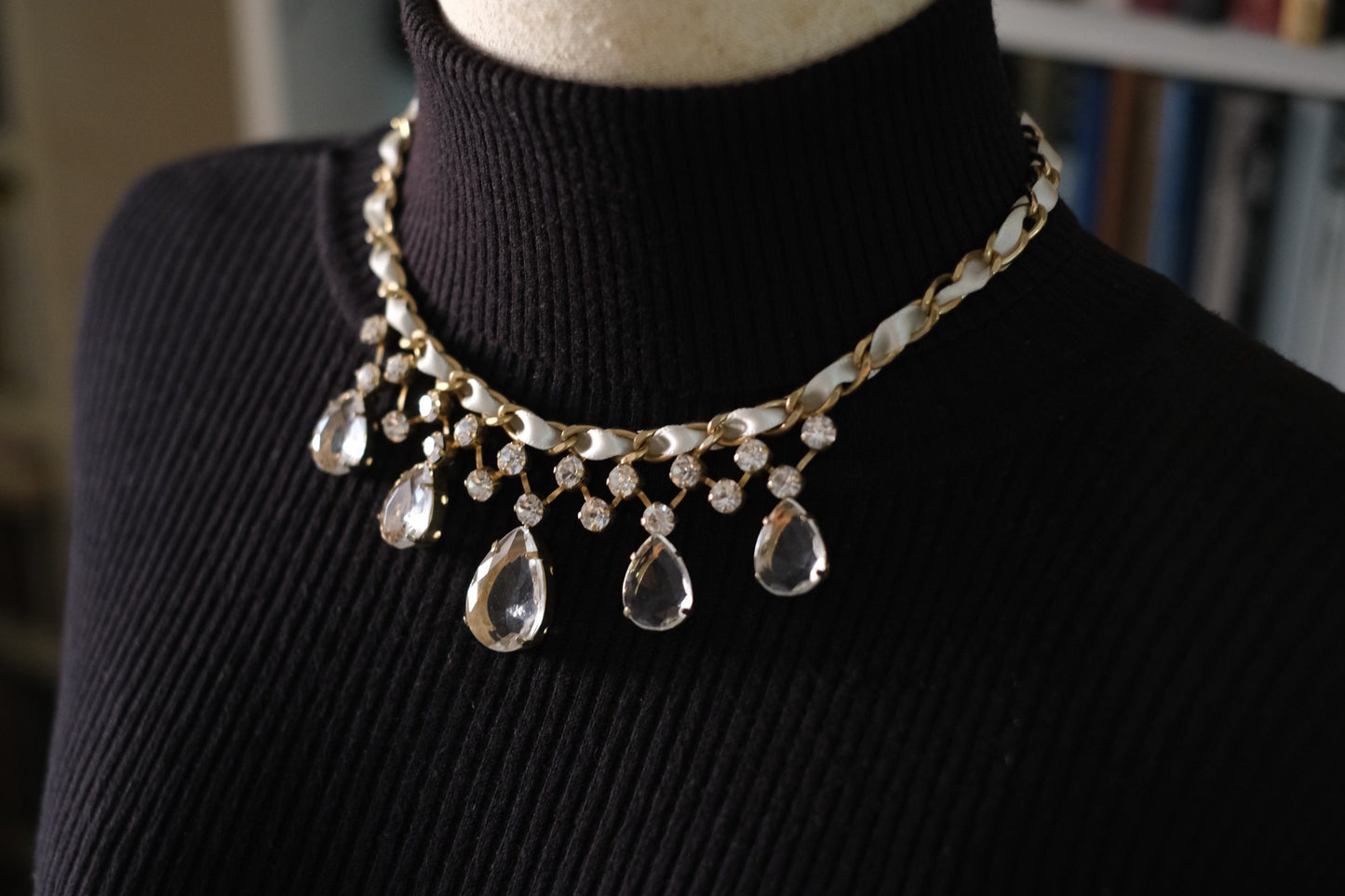 Vintage Lanvin Statement Necklace with Satin-Woven Chain and Crystal Drops