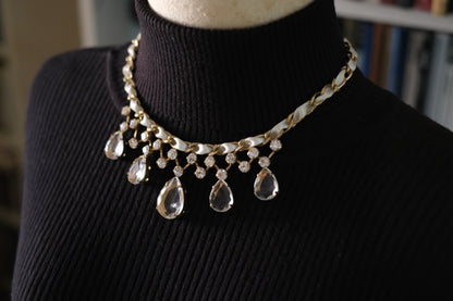 Vintage Lanvin Statement Necklace with Satin-Woven Chain and Crystal Drops