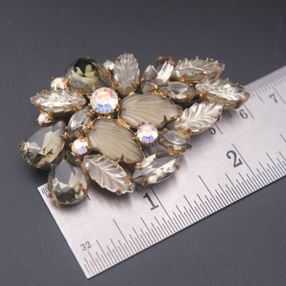 Vintage “Made in West Germany” Leaf & Rhinestone Brooch – Smoky Gray & Aurora Borealis Crystals