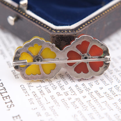 ❤️ Vintage 950 Silver Double Flower Brooch Resin Petals Pearl Center Floral Pin