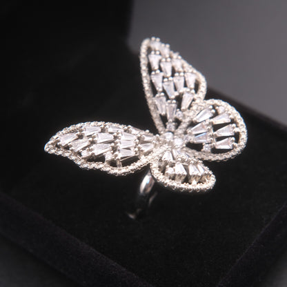 ❤️ Vintage Silver Tone Rhinestone Butterfly Statement Adjustable Ring