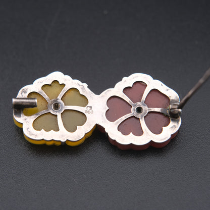 ❤️ Vintage 950 Silver Double Flower Brooch Resin Petals Pearl Center Floral Pin
