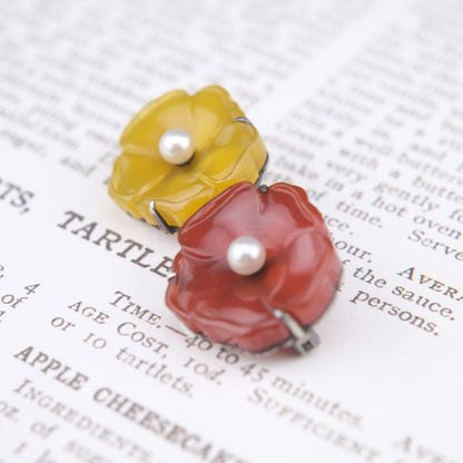 ❤️ Vintage 950 Silver Double Flower Brooch Resin Petals Pearl Center Floral Pin