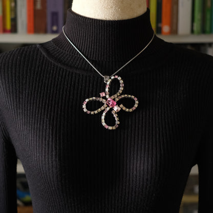 ❤️ Large Butterfly Rhinestone Pendant Necklace – Pink & Opalescent Crystals on Silver-Tone Snake Chain