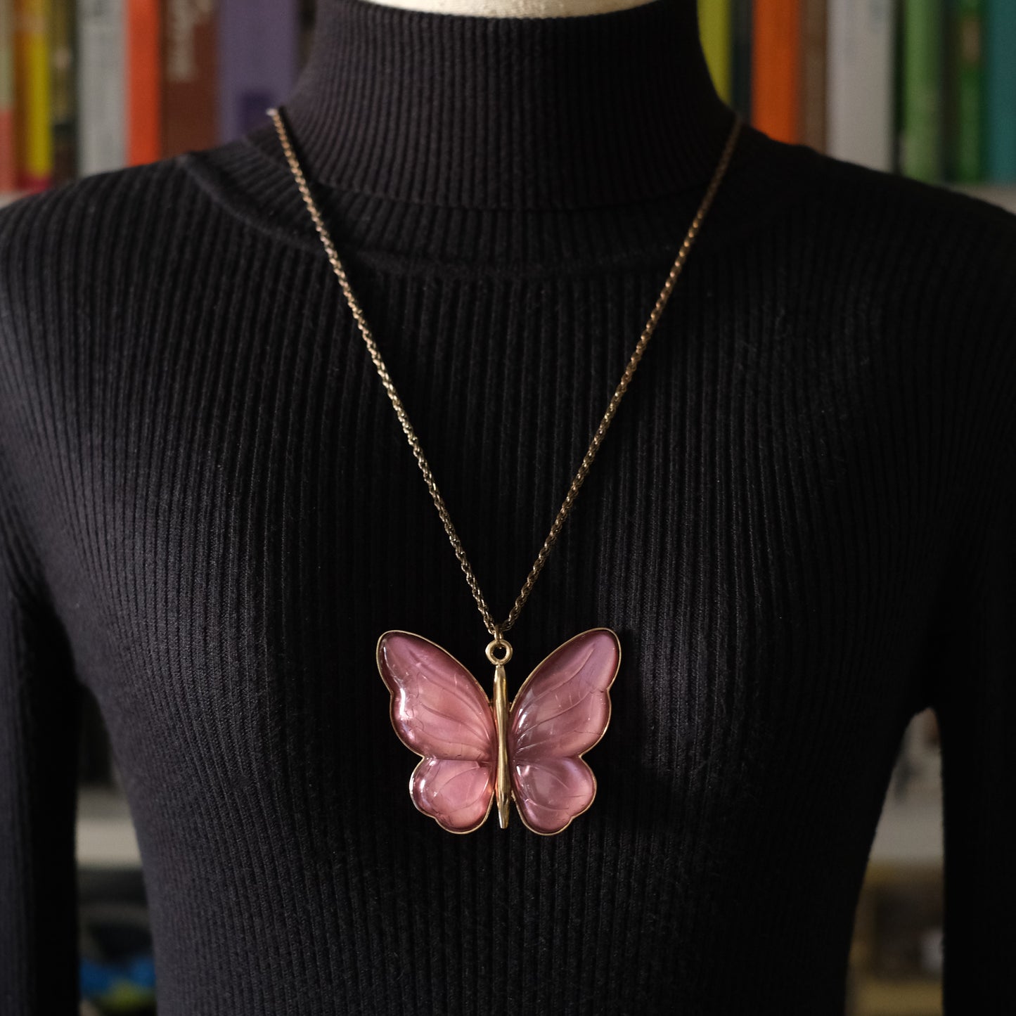 Vintage Pink Butterfly Pendant Necklace – Translucent Wings, Gold-Tone Setting, Statement 36” Chain